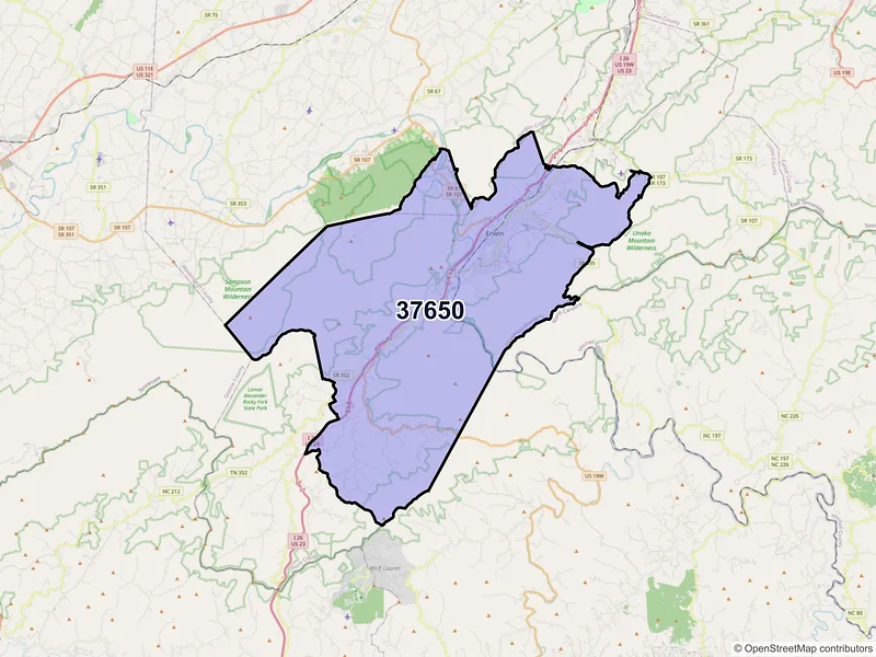 Map of Erwin, Tennessee and ZIP codes