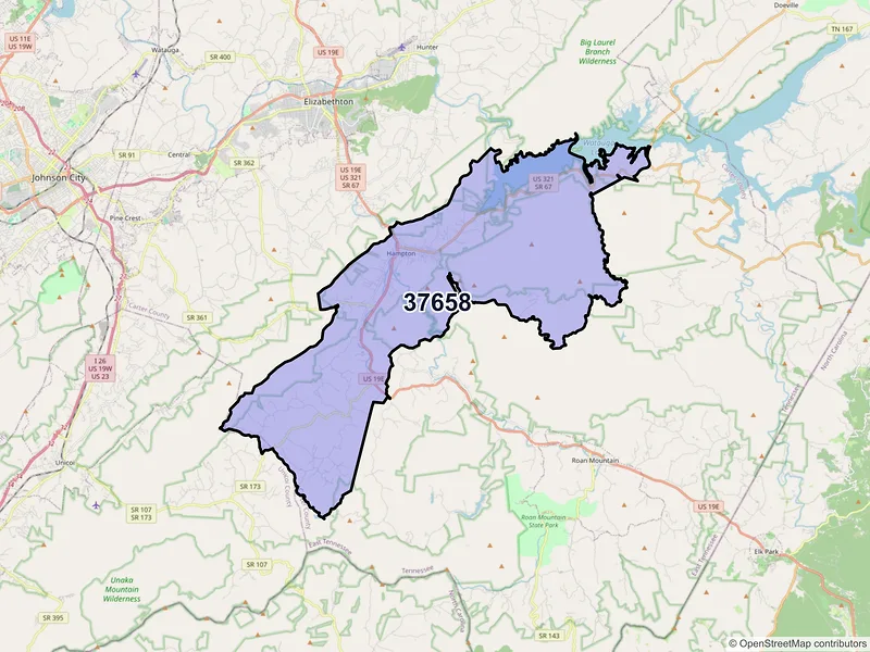 Map of Hampton, Tennessee and ZIP codes