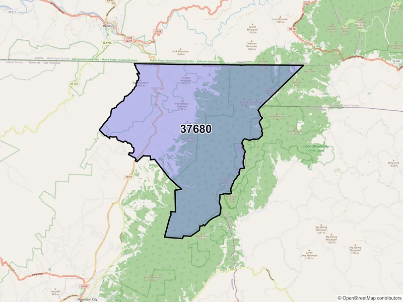 Map of Laurel Bloomery, Tennessee and ZIP codes