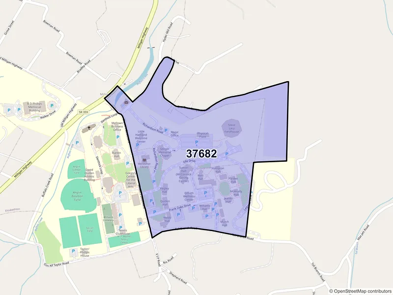 Map of Milligan College, Tennessee and ZIP codes