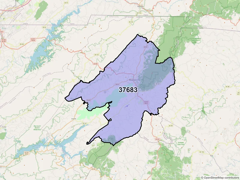 Map of Mountain City, Tennessee and ZIP codes