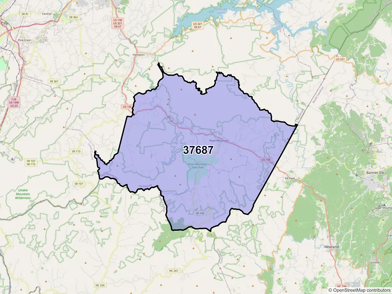 Map of ZIP Code 37687 — Roan Mountain, TN
