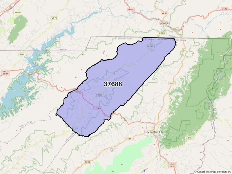 Map of ZIP Code 37688 — Shady Valley, TN