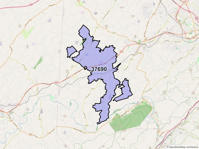Map of Telford, Tennessee and ZIP codes