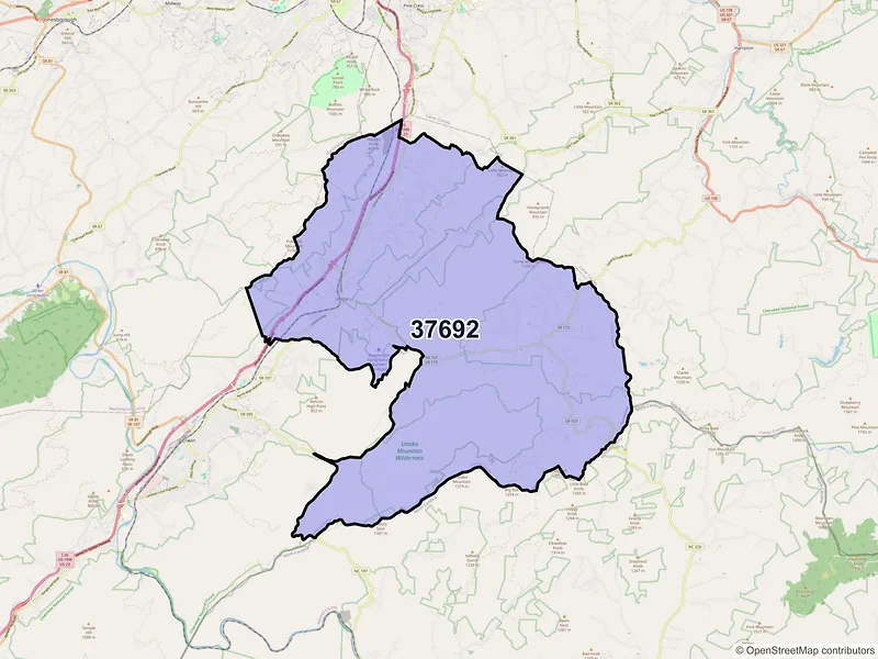 Map of ZIP Code 37692 — Unicoi, TN