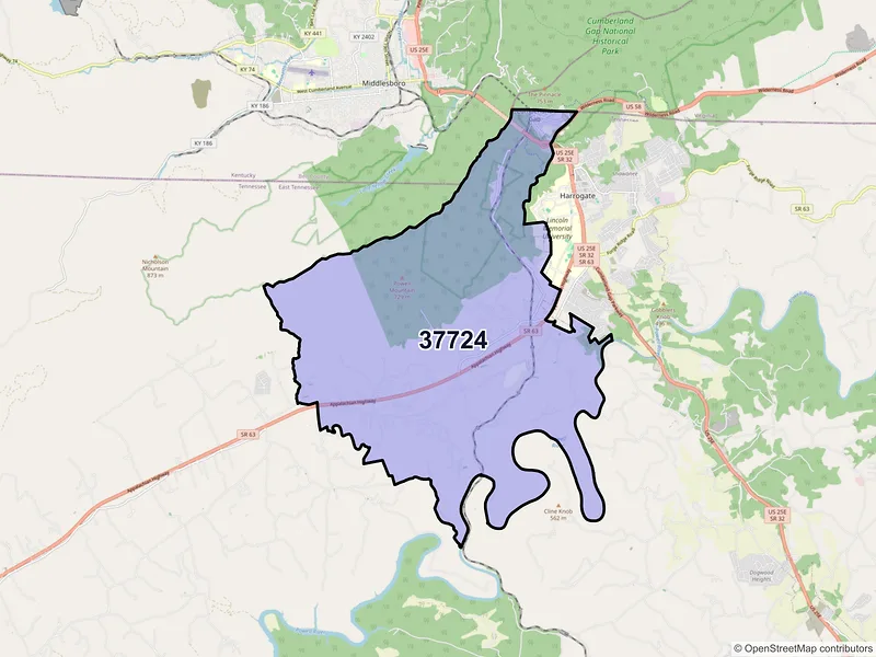 Map of ZIP Code 37724 — Cumberland Gap, TN