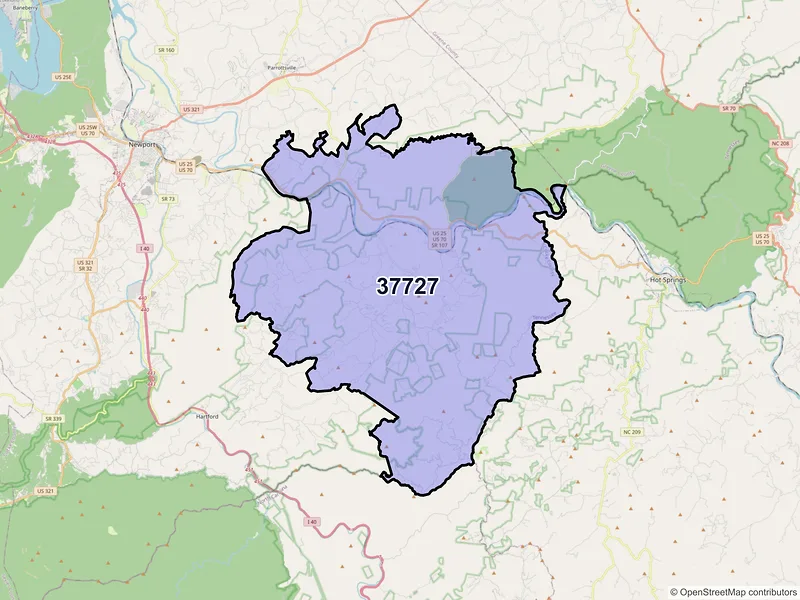 Map of ZIP Code 37727 — Del Rio, TN