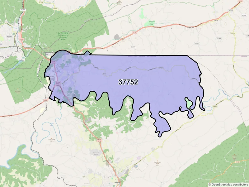Map of ZIP Code 37752 — Harrogate, TN