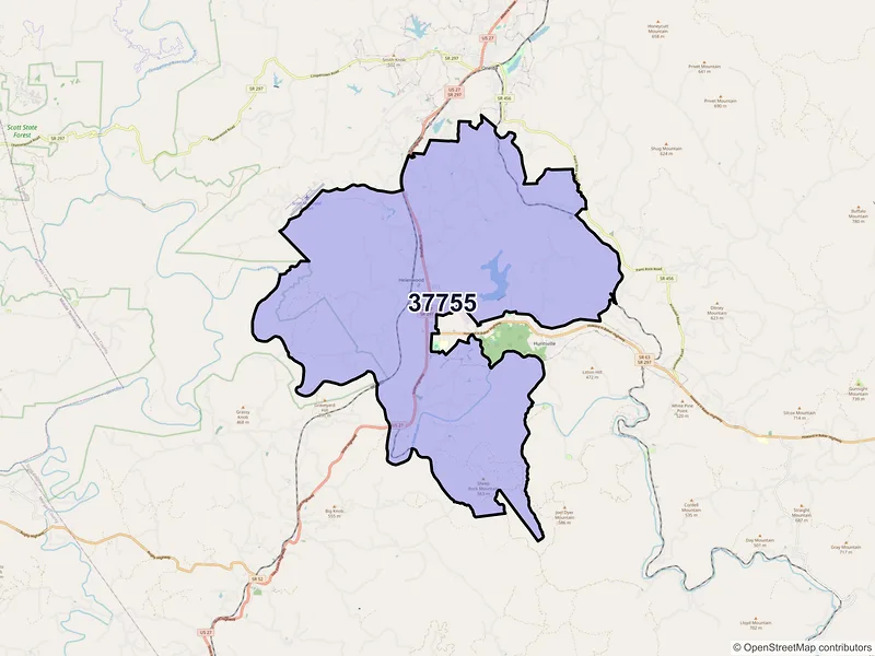 Map of ZIP Code 37755 — Helenwood, TN