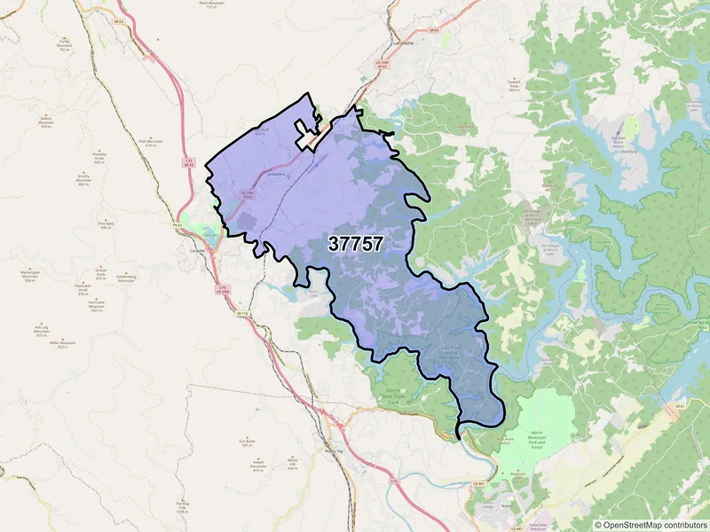 Map of ZIP Code 37757 — Jacksboro, TN