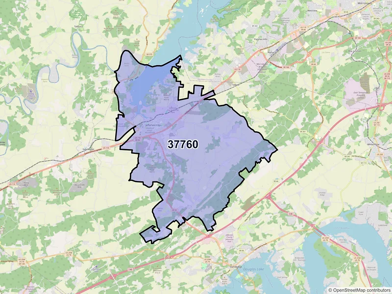 Map of ZIP Code 37760 — Jefferson City, TN