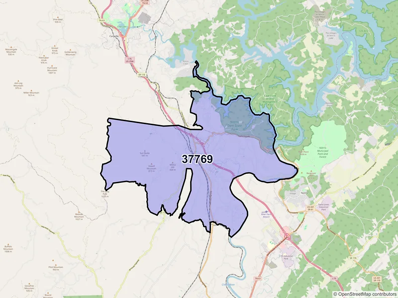 Map of Rocky Top, Tennessee and ZIP codes