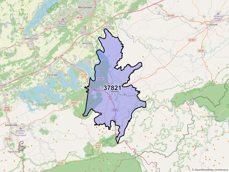Map of ZIP Code 37821 — Newport, TN