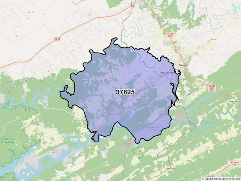 Map of ZIP Code 37825 — New Tazewell, TN