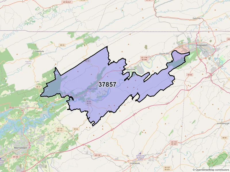 Map of Rogersville, Tennessee and ZIP codes