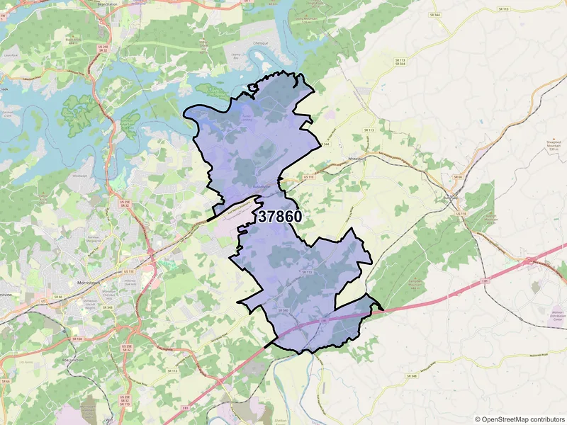 Map of Russellville, Tennessee and ZIP codes