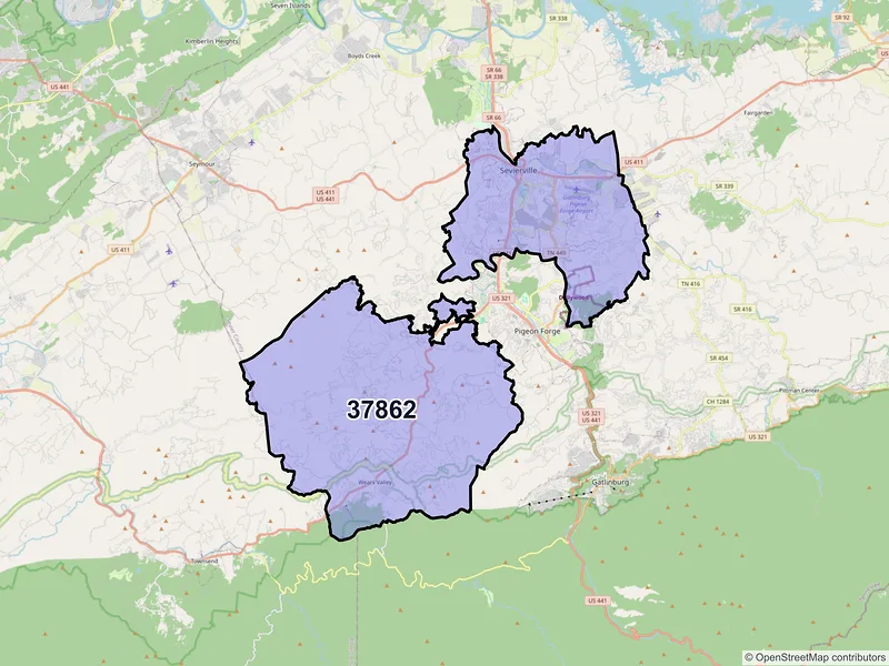 Map of ZIP Code 37862 — Sevierville, TN
