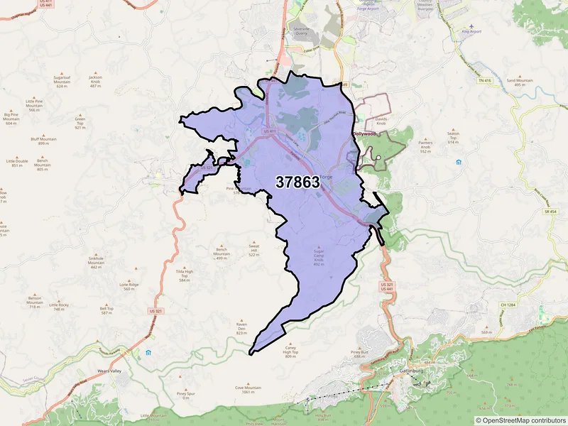 Map of ZIP Code 37863 — Pigeon Forge, TN