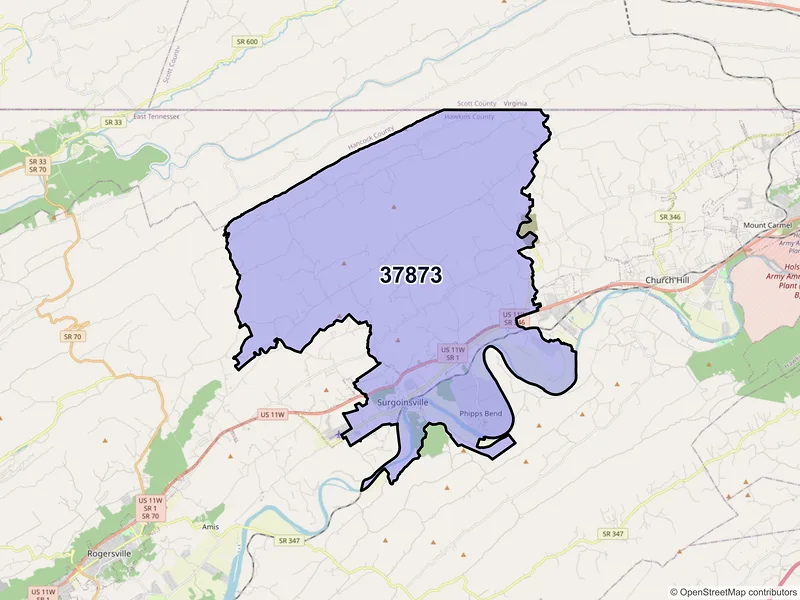 Map of Surgoinsville, Tennessee and ZIP codes