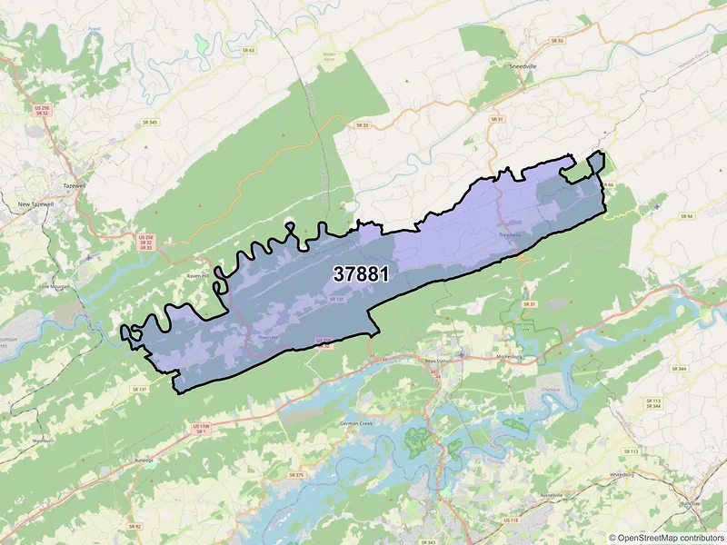 Map of ZIP Code 37881 — Thorn Hill, TN