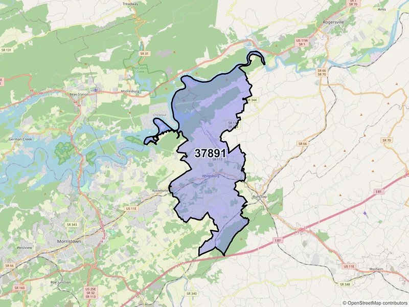 Map of Whitesburg, Tennessee and ZIP codes