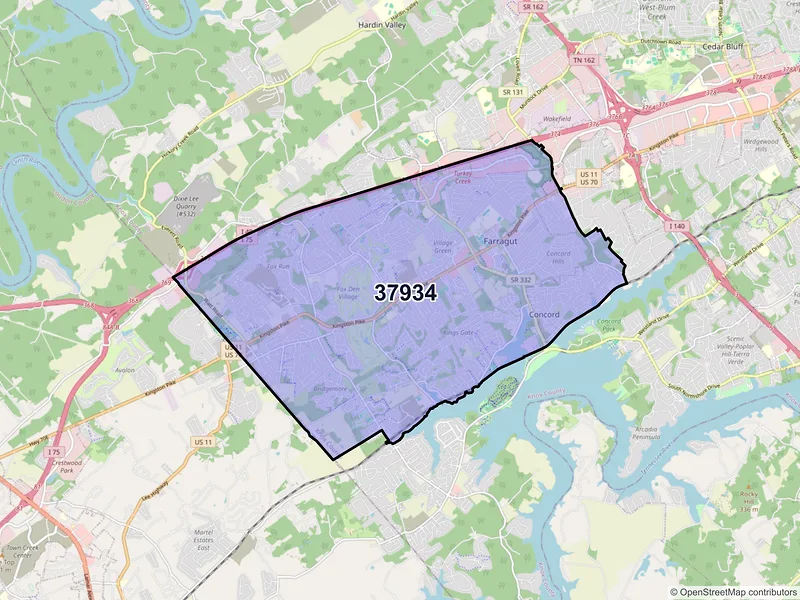 Map of Farragut, Tennessee and ZIP codes