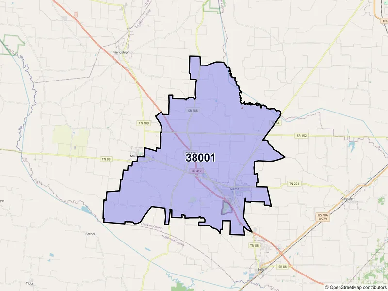 Map of Alamo, Tennessee and ZIP codes