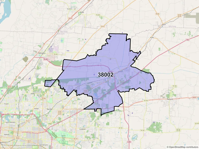 Map of ZIP Code 38002 — Arlington, TN