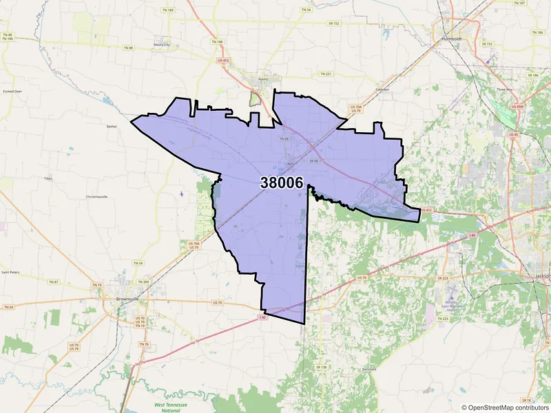 Map of ZIP Code 38006 — Bells, TN
