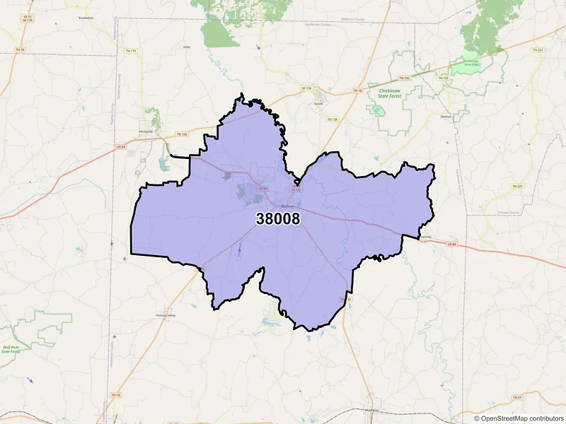 Map of ZIP Code 38008 — Bolivar, TN