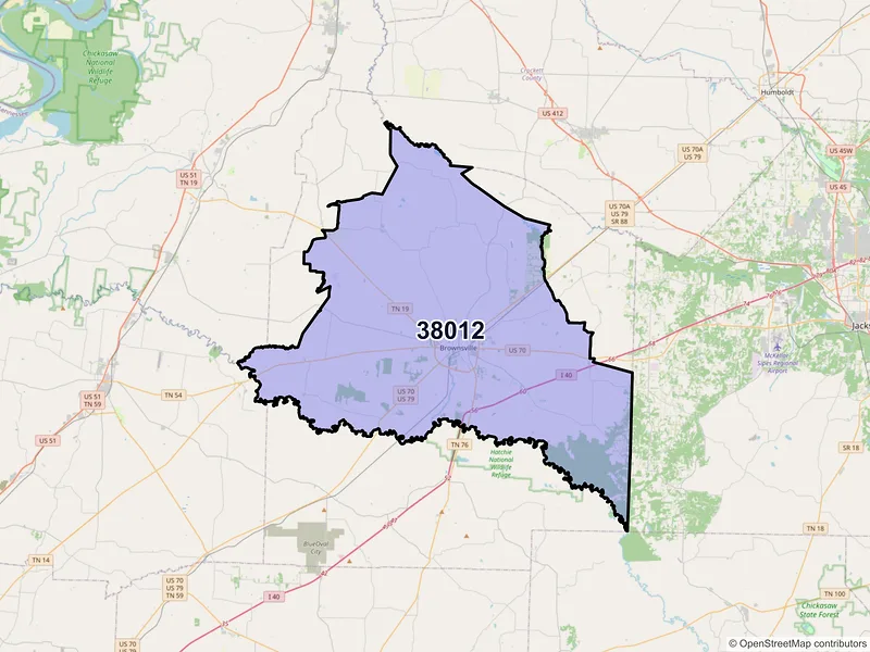 Map of ZIP Code 38012 — Brownsville, TN