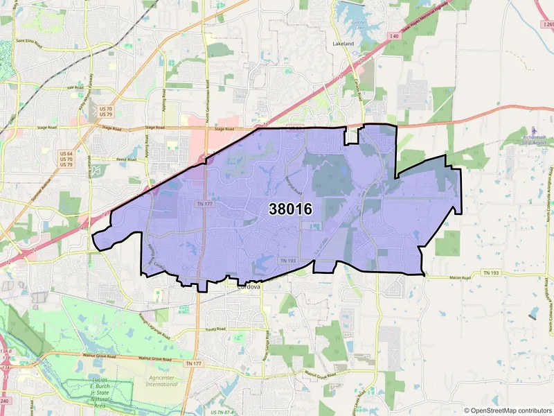 Map of ZIP Code 38016 — Cordova, TN