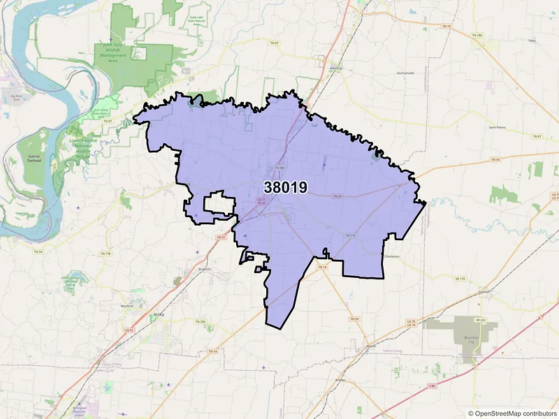 Map of ZIP Code 38019 — Covington, TN