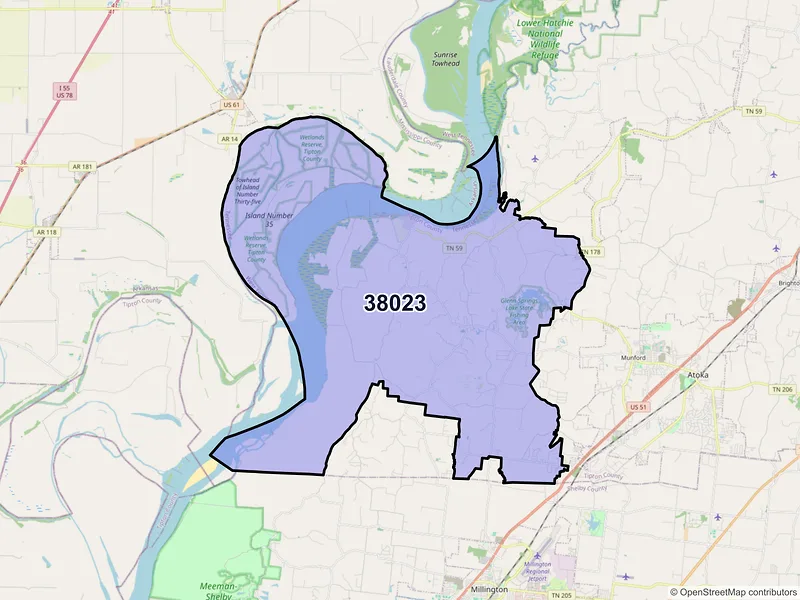 Map of ZIP Code 38023 — Drummonds, TN