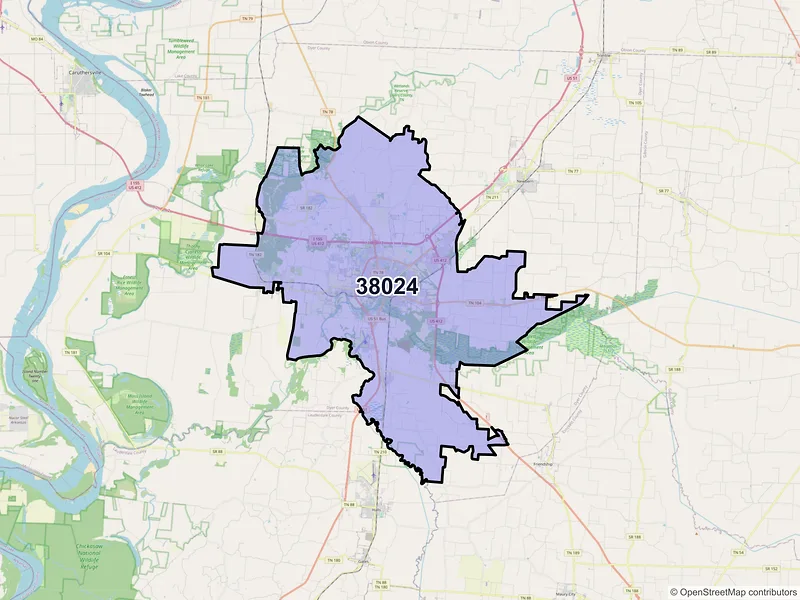Map of ZIP Code 38024 — Dyersburg, TN