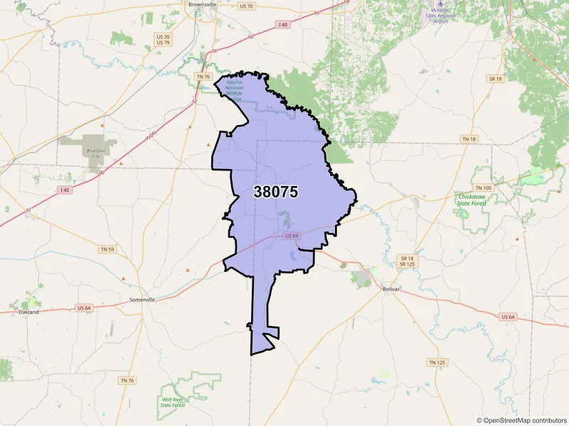 Map of ZIP Code 38075 — Whiteville, TN