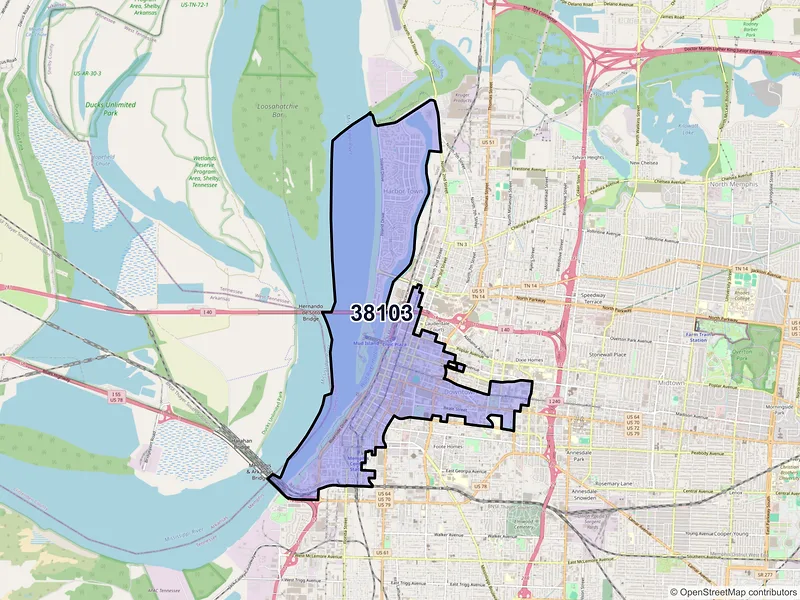 Map of ZIP Code 38103 — Memphis, TN