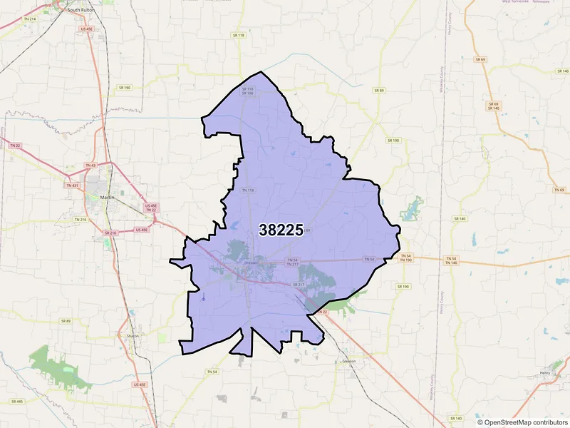 Map of ZIP Code 38225 — Dresden, TN