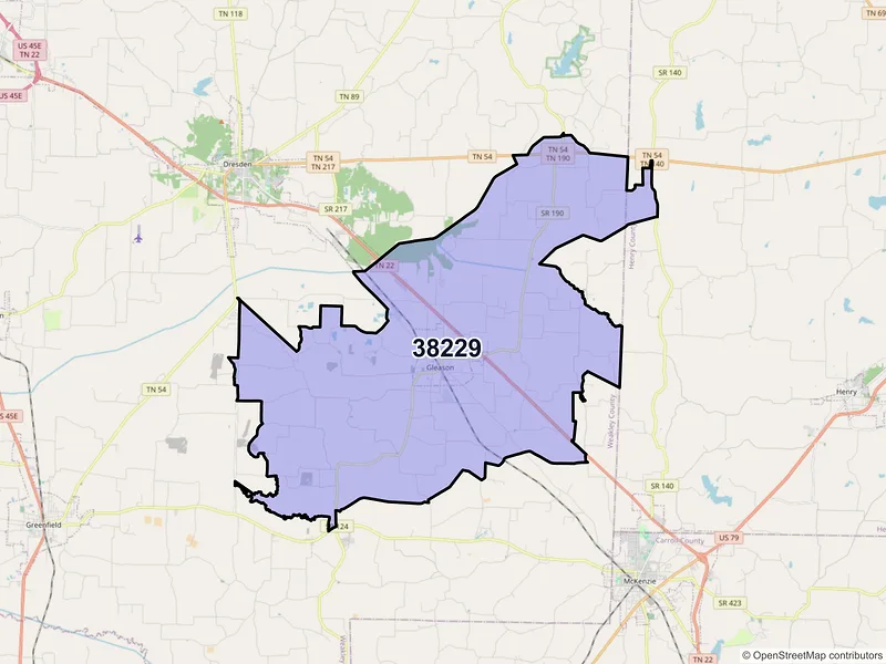 Map of ZIP Code 38229 — Gleason, TN