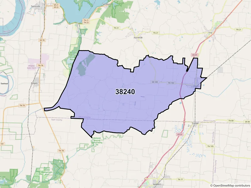 Map of ZIP Code 38240 — Obion, TN