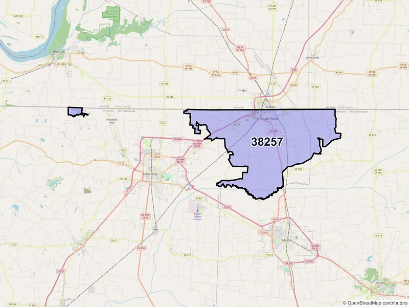 Map of ZIP Code 38257 — South Fulton, TN