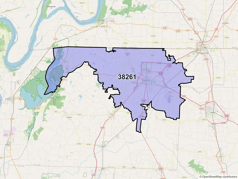 Map of ZIP Code 38261 — Union City, TN