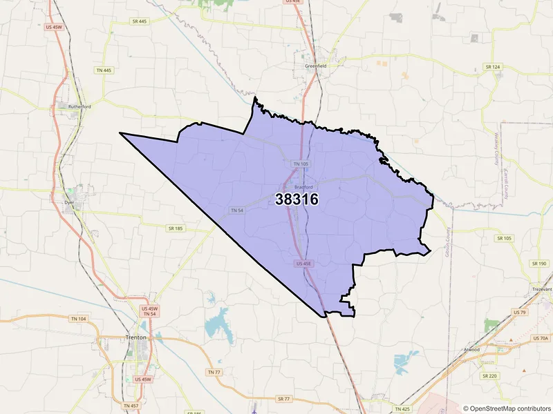 Map of Bradford, Tennessee and ZIP codes