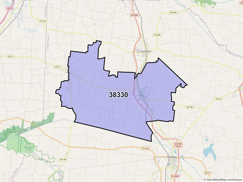 Map of Dyer, Tennessee and ZIP codes