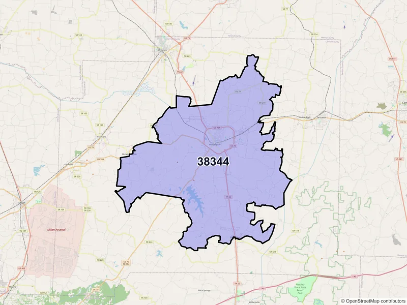 Map of ZIP Code 38344 — Huntingdon, TN