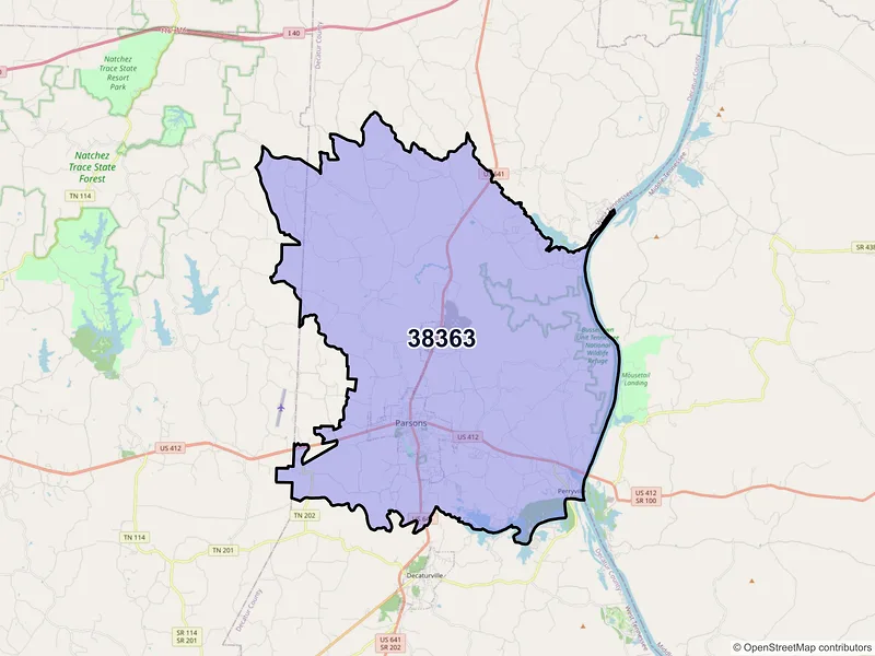 Map of ZIP Code 38363 — Parsons, TN