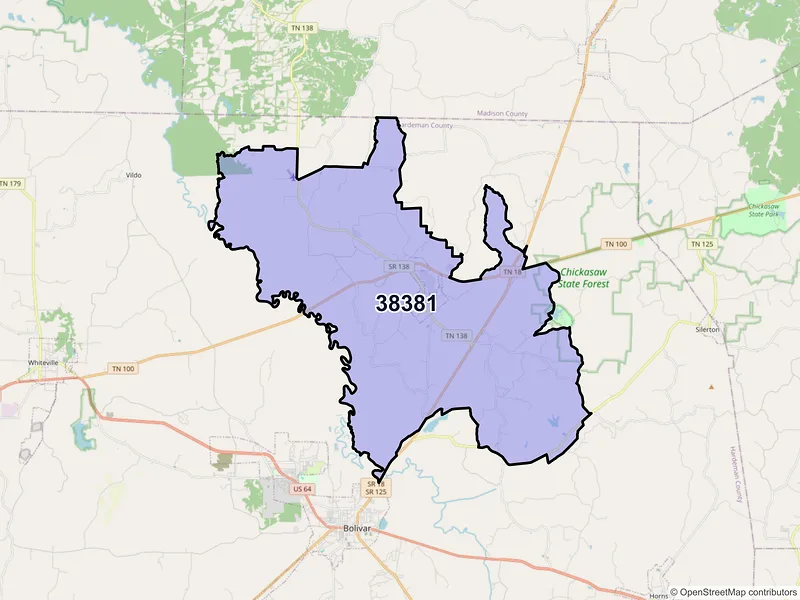 Map of ZIP Code 38381 — Toone, TN