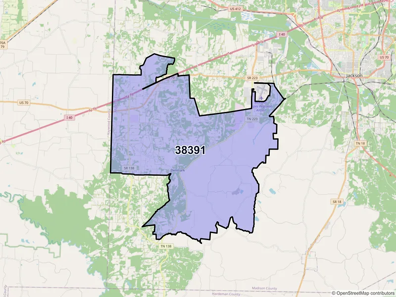 Map of ZIP Code 38391 — Denmark, TN