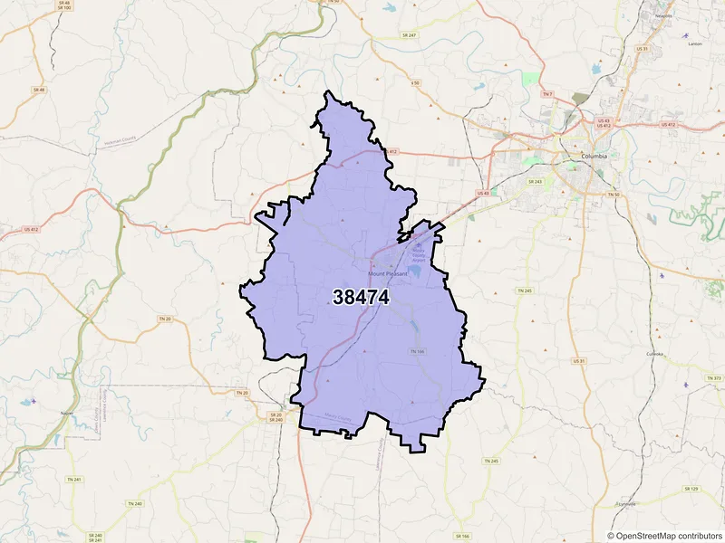 Map of ZIP Code 38474 — Mount Pleasant, TN