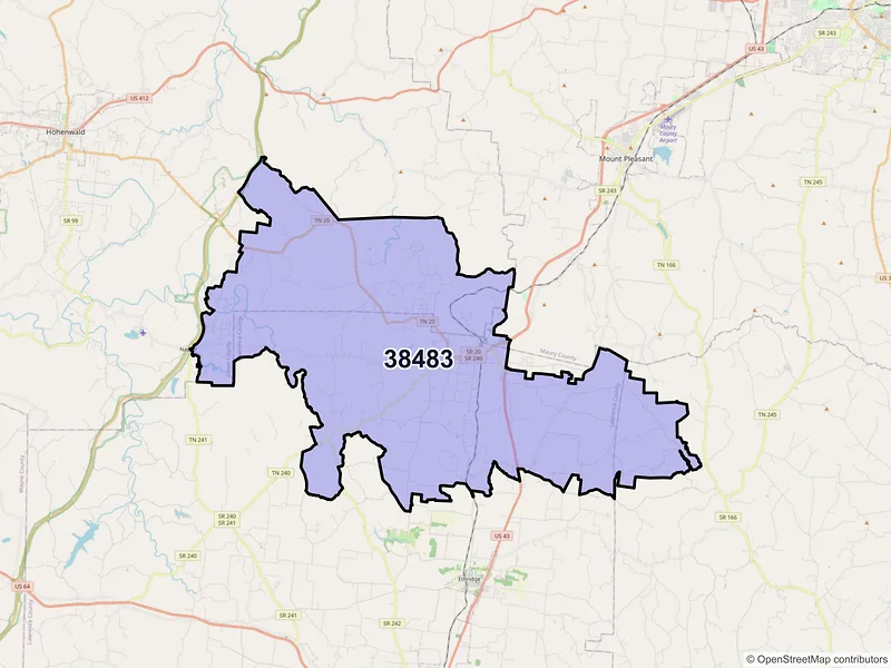 Map of ZIP Code 38483 — Summertown, TN
